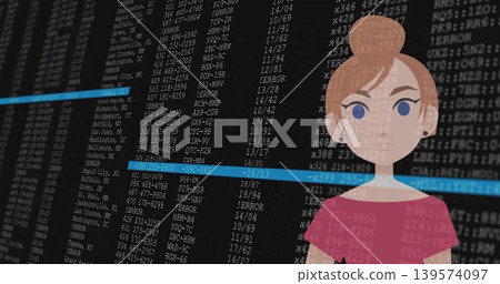 Showing flat female avatar wearing pink-top overlaying data log with rows and blue bars, copy space Showing flat female avatar wearing pink-top overlaying data log with rows and blue bars, copy space 139574097
