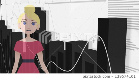 Presenting blonde woman wearing pink dress and black belt before grid with black bars, copy space Presenting blonde woman wearing pink dress and black belt before grid with black bars, copy space 139574101