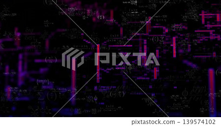 Displaying centered holographic data panel in dark digital field, showing equations and neon bars 139574102