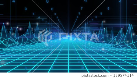 Glowing neon-cyan grid receding to horizon in digital void with wireframe peaks, numeric glyphs 139574114