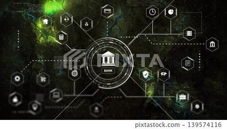 Displaying central BANK building icon inside ringed HUD on green dashboard, linking hexagon nodes 139574116