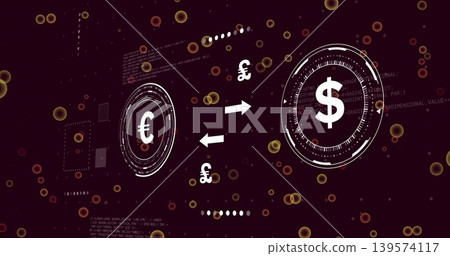 Displaying finance HUD on maroon screen, showing dollar or euro HUDs, arrows, pound signs, bokeh, co 139574117