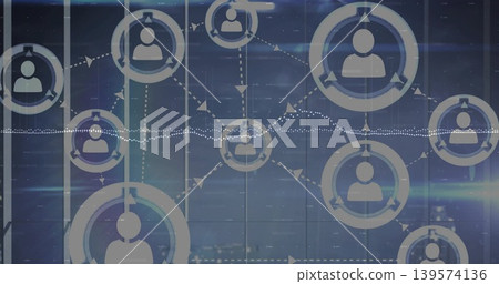 Displaying blue-toned network visualization on glass-panel display, with user nodes and arrows Displaying blue-toned network visualization on glass-panel display, with user nodes and arrows 139574136