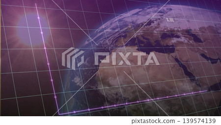 Showing Earth globe Africa under grid, plotting purple polyline with markers and sunglow 0 139574139