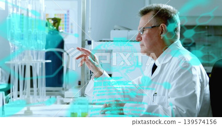 Pointing scientist in lab coat, glasses and tie studying teal data overlay at bench with vials Pointing scientist in lab coat, glasses and tie studying teal data overlay at bench with vials 139574156
