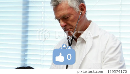 Holding stethoscope, senior physician in white coat listening to child on exam bed, like overlay Holding stethoscope, senior physician in white coat listening to child on exam bed, like overlay 139574170