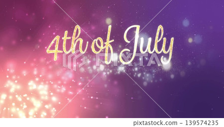 Shimmering stylized 4th of July script glowing on pink to purple gradient, with gold glitter halo Shimmering stylized 4th of July script glowing on pink to purple gradient, with gold glitter halo 139574235