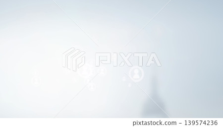 Floating cluster of user icons connecting across pale gradient field, with glowing points and spire Floating cluster of user icons connecting across pale gradient field, with glowing points and spire 139574236