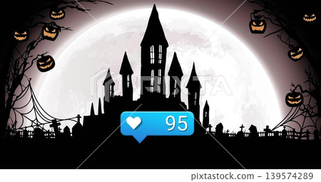 Looming eerie castle casting moonlight over cemetery at night, with pumpkins and blue bubble 95 Looming eerie castle casting moonlight over cemetery at night, with pumpkins and blue bubble 95 139574289