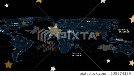 Rendering stylized world map on dark grid dashboard, showing hex clusters, targets, caution icons Rendering stylized world map on dark grid dashboard, showing hex clusters, targets, caution icons 139574329