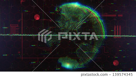 Projecting holographic point-cloud globe in HUD with horizontal waveform, hex-grid, red gauges Projecting holographic point-cloud globe in HUD with horizontal waveform, hex-grid, red gauges 139574345