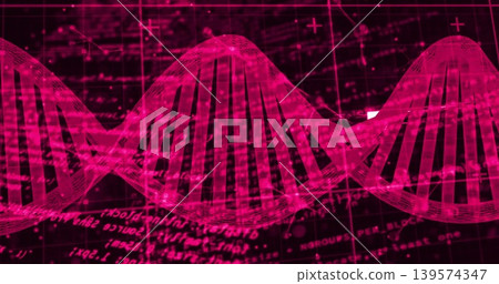 Animating stylized magenta DNA double helix flowing across dark data plane, revealing gridlines 139574347