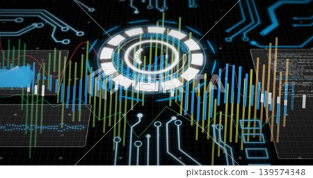 Glowing circular HUD and rising multicolored bars pulsing on virtual dashboard, showing data panels Glowing circular HUD and rising multicolored bars pulsing on virtual dashboard, showing data panels 139574348