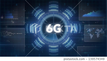 Displaying central circular HUD showing 6G in network UI, glowing rings and floating panels Displaying central circular HUD showing 6G in network UI, glowing rings and floating panels 139574349