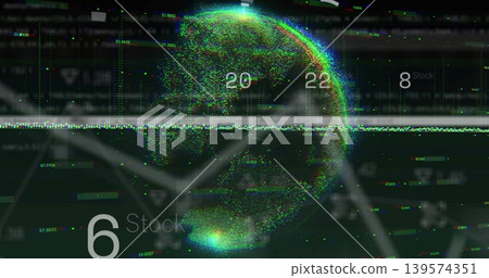 Spinning particle globe pulsing in dark HUD showing Stock label 20,22,8,6 graph axes scan noise Spinning particle globe pulsing in dark HUD showing Stock label 20,22,8,6 graph axes scan noise 139574351