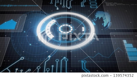 Displaying central circular hologram interface over data grid, showing circuit traces and bar chart Displaying central circular hologram interface over data grid, showing circuit traces and bar chart 139574352