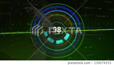 Displaying central circular HUD pulsing on future dashboard, showing 98 PERCENT and segmented arcs Displaying central circular HUD pulsing on future dashboard, showing 98 PERCENT and segmented arcs 139574353