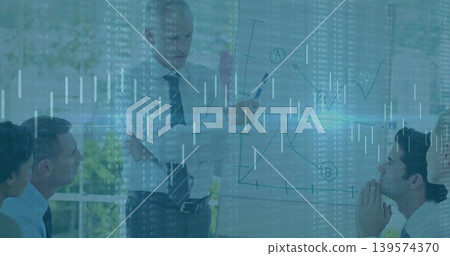 Presenting man in dress shirt tie pointing at flipchart at table with marker and data overlay Presenting man in dress shirt tie pointing at flipchart at table with marker and data overlay 139574370