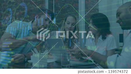 Analyzing team in business shirts leaning at meeting table, pointing at laptop, data charts overlay Analyzing team in business shirts leaning at meeting table, pointing at laptop, data charts overlay 139574372