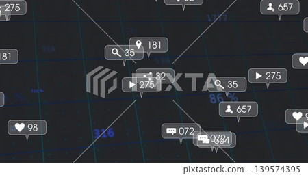 Displaying floating cluster of labels showing engagement stats on dark grid with heart icons Displaying floating cluster of labels showing engagement stats on dark grid with heart icons 139574395