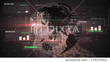 Displaying translucent 3D wireframe globe rotating in studio, with HUD overlays and checkered shirt 139574403