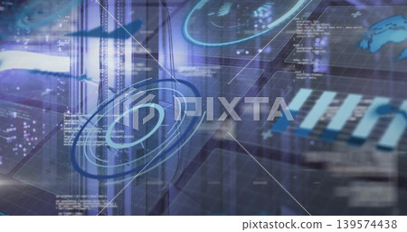 Displaying holographic circular HUD floating over data center, with concentric rings, grid overlay 139574438