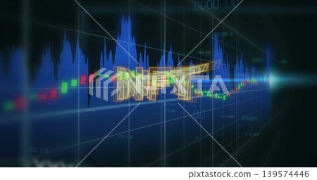 Floating 3D wireframe NFT hovering above trading HUD, displaying red or green candlesticks, blue pea Floating 3D wireframe NFT hovering above trading HUD, displaying red or green candlesticks, blue pea 139574446