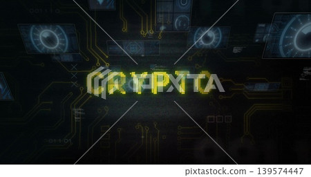 Glitching pixelated CRYPTO text pulsing on dark backdrop, showing gold circuits and blue HUD Glitching pixelated CRYPTO text pulsing on dark backdrop, showing gold circuits and blue HUD 139574447