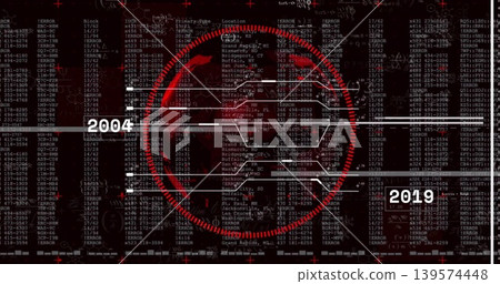 Displaying central red circular HUD with timeline bars 2004 and 2019 on screen with ERROR text Displaying central red circular HUD with timeline bars 2004 and 2019 on screen with ERROR text 139574448
