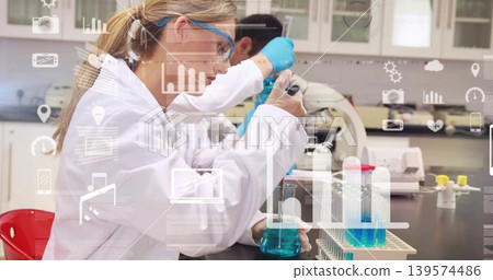 Pipetting woman wearing lab coat goggles nitrile gloves at bench, using micropipette and beaker Pipetting woman wearing lab coat goggles nitrile gloves at bench, using micropipette and beaker 139574486