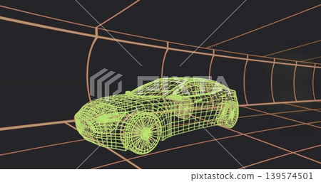Rendering neon-green wireframe sedan inside curved orange grid tunnel, revealing wheel spokes 139574501