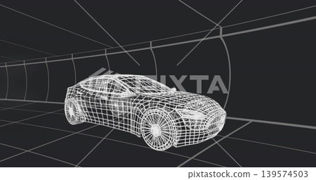 Rendering wireframe car model in virtual tunnel, showing wheel spokes, headlight and grille Rendering wireframe car model in virtual tunnel, showing wheel spokes, headlight and grille 139574503