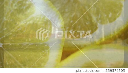 Showing translucent sliced lemons dominating frame at park, revealing membranes, rind, tree path Showing translucent sliced lemons dominating frame at park, revealing membranes, rind, tree path 139574505