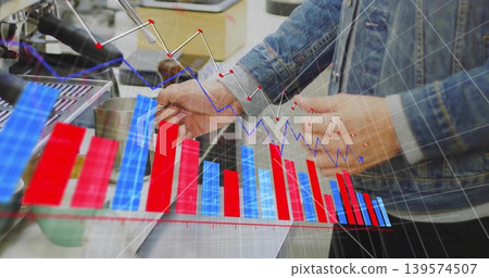 Holding male in blue denim jacket tapping payment card at cafe counter, with portafilter and charts Holding male in blue denim jacket tapping payment card at cafe counter, with portafilter and charts 139574507