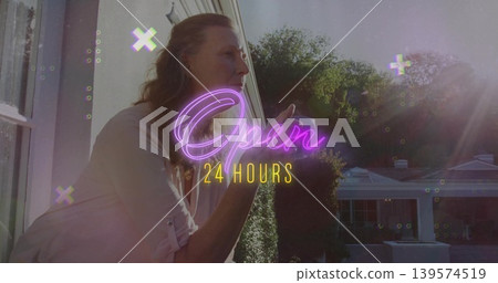 Leaning woman in light shirt, cupping from white window frame toward rooftops, neon Open 24 HOURS Leaning woman in light shirt, cupping from white window frame toward rooftops, neon Open 24 HOURS 139574519