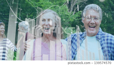 Laughing mature couple hugging in park, with data overlays, glasses, pink blouse and checked shirt Laughing mature couple hugging in park, with data overlays, glasses, pink blouse and checked shirt 139574570