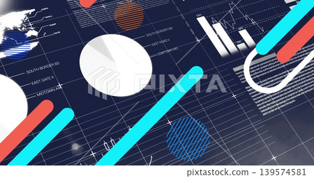 Displaying white pie chart centered on navy grid dashboard, with cyan coral bars and world map 139574581