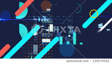 Displaying abstract dashboard on navy background with cyan coral diagonal bars and charts Displaying abstract dashboard on navy background with cyan coral diagonal bars and charts 139574582