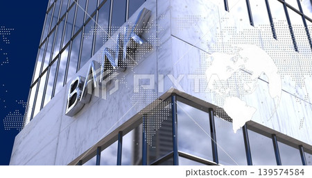 Featuring modern bank from low-angle street view, showing BANK sign, marble facade, globe overlay Featuring modern bank from low-angle street view, showing BANK sign, marble facade, globe overlay 139574584