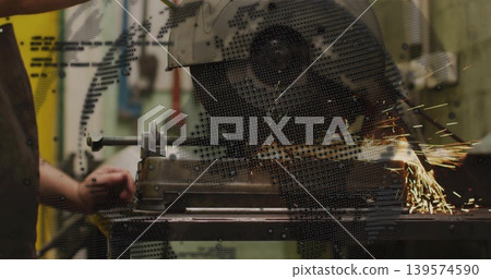 Cutting man using abrasive cutoff saw at shop, in dark shirt, clamping workpiece in vise, sparks Cutting man using abrasive cutoff saw at shop, in dark shirt, clamping workpiece in vise, sparks 139574590