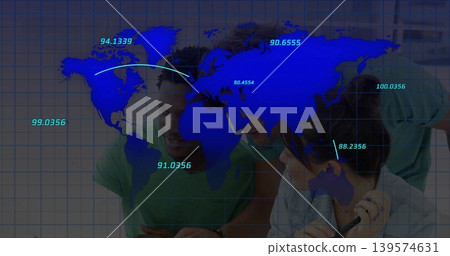 Analyzing three colleagues leaning over workstation at office, including green shirt, blue map, pen 139574631