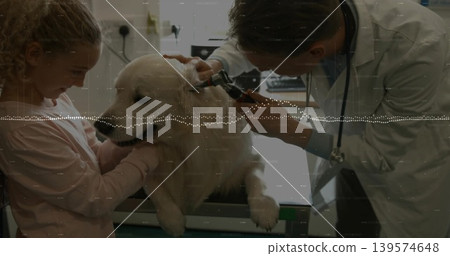 Examining veterinarian in white lab coat leaning over golden retriever on exam table, with otoscope Examining veterinarian in white lab coat leaning over golden retriever on exam table, with otoscope 139574648