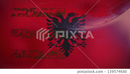 Displaying black two-headed eagle emblem crossing over red space field with moon green pixels stars 139574680