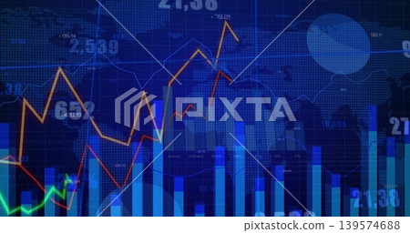 Displaying financial charts and graphs on dashboard, showing vertical bars, colored lines, labels Displaying financial charts and graphs on dashboard, showing vertical bars, colored lines, labels 139574688