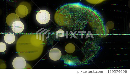 Displaying multicolor point-cloud globe rotating and reflecting in virtual HUD, with waveform band Displaying multicolor point-cloud globe rotating and reflecting in virtual HUD, with waveform band 139574696