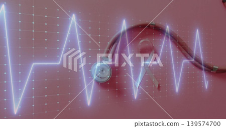 Displaying stethoscope chestpiece and pink awareness ribbon on studio flatlay with neon ECG grid 139574700