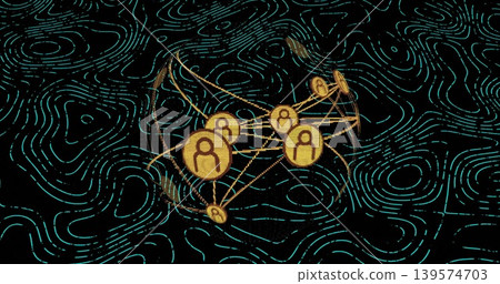 Floating cluster of golden avatar nodes linking with thin lines inside mesh ring with teal contours Floating cluster of golden avatar nodes linking with thin lines inside mesh ring with teal contours 139574703