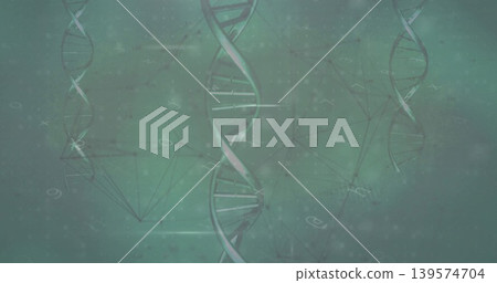 Featuring central DNA double helix floating in teal-green backdrop, with network lines and glyphs 139574704