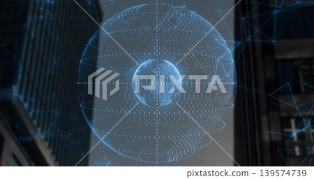 Projecting holographic point-cloud globe with inner sphere and rings in city canyon between towers Projecting holographic point-cloud globe with inner sphere and rings in city canyon between towers 139574739