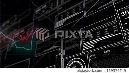 Showing dashboard panels in virtual UI with teal and red line charts, numeric tables, gauge 2474 Showing dashboard panels in virtual UI with teal and red line charts, numeric tables, gauge 2474 139574749